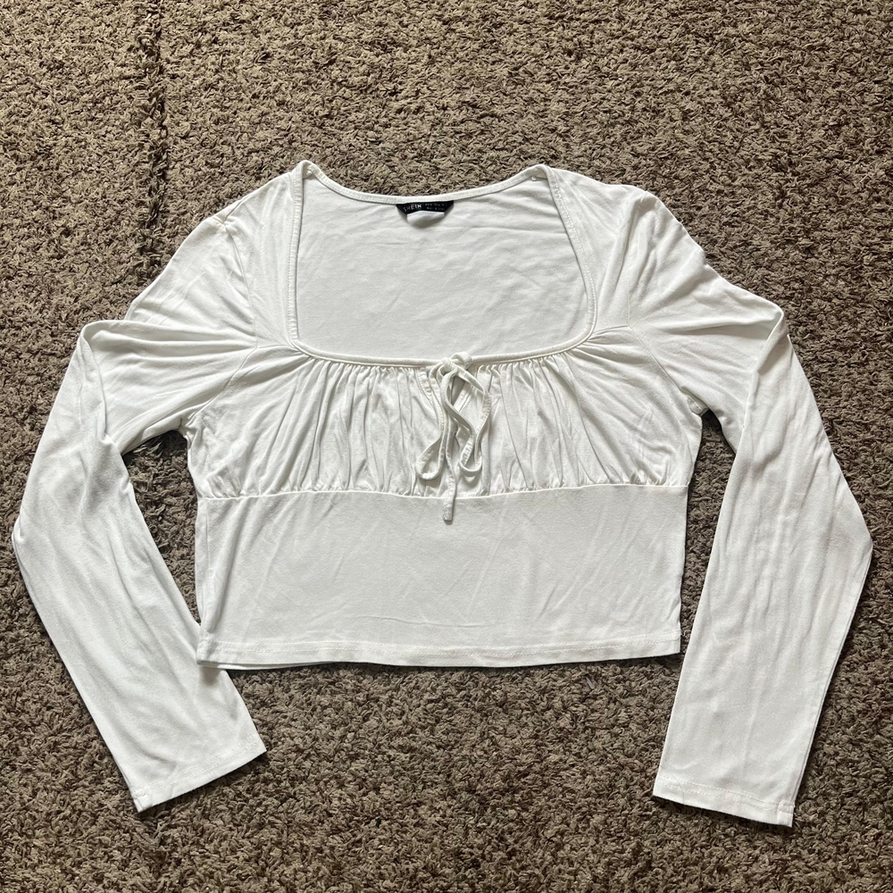 SHEIN White Square Neck Ruched Long Sleeve Crop Top Size XL Coquette